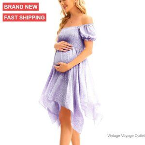 Maternity Summer Dress Puff Sleeve Square Neck Flowy Hem Baby Shower